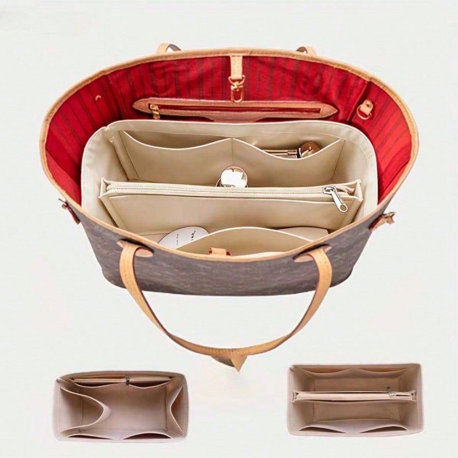 Cosmetic Bags - フェルト製の仕切り付きバッグオーガナイザー、多機能ポケット付きコスメティックバッグ、トートバッグやハンドバッグ用の携帯用インナーバッグ