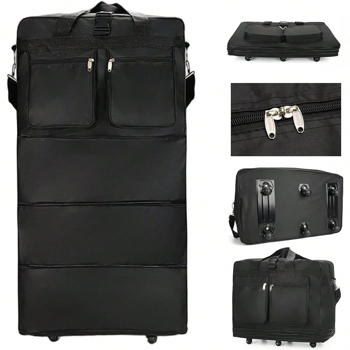 車輪付きの黒い旅行用ダッフルバッグ。拡張可能で折りたたみ式。 - Foldable Rolling Luggage Bag のレビューと価格